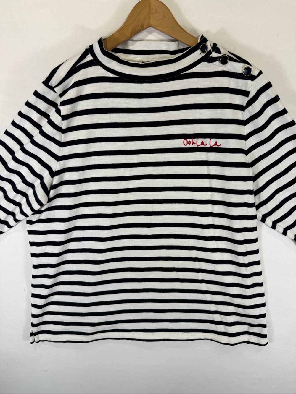 Talbots Black & White Striped Short Sleeve Tee with Red Script